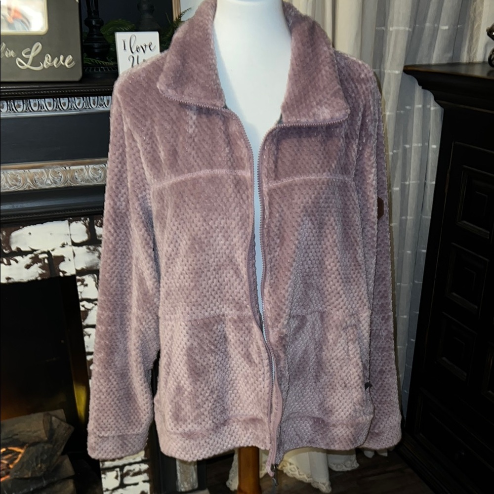 Pink Teddy Jacket with High Collar and Relaxed Fit